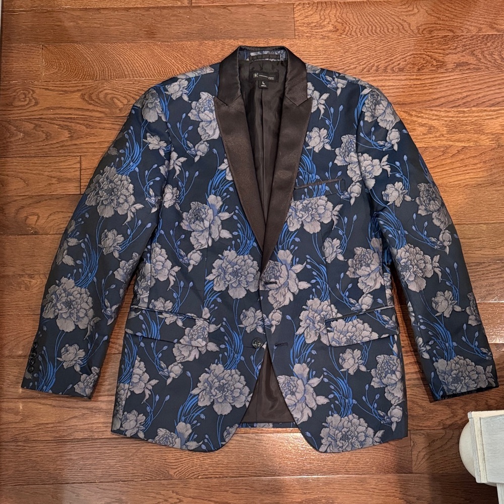INC international concepts slim fit brocade floral suit jacket - blue & gray L